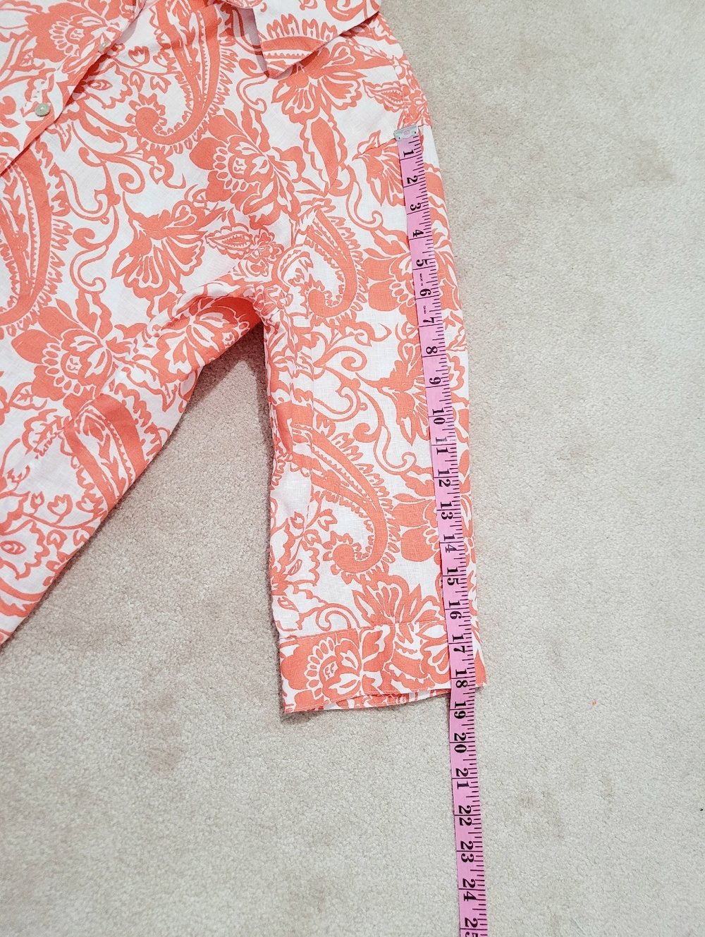 Chico’s 100% Linen Shirt Size 16 Orange White Paisley Button Front Top Classic - Picture 10 of 13
